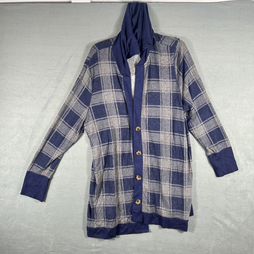 Maurices Women's 2X Plus Blue Gray Plaid Shawl‎ Collar Cardigan Sweater